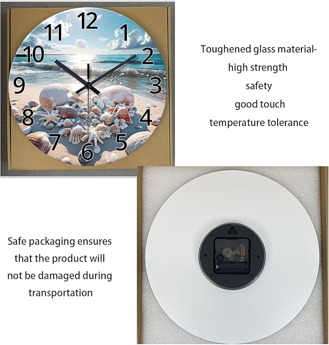 XNM 16 Inch Large Wall Clocks Battery Operated Coastal Shell Glass Clocks for Living Room Decor Blue Silent Wall Clock No Ticking