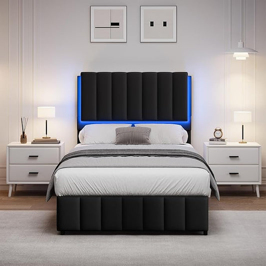 Twin Upholstered Bed Frame with LED Lights, Faux Leather Platform Bed with Headboard and Wooden Slats Support, No Box Spring Needed, Noise-Free, Easy Assembly, Black