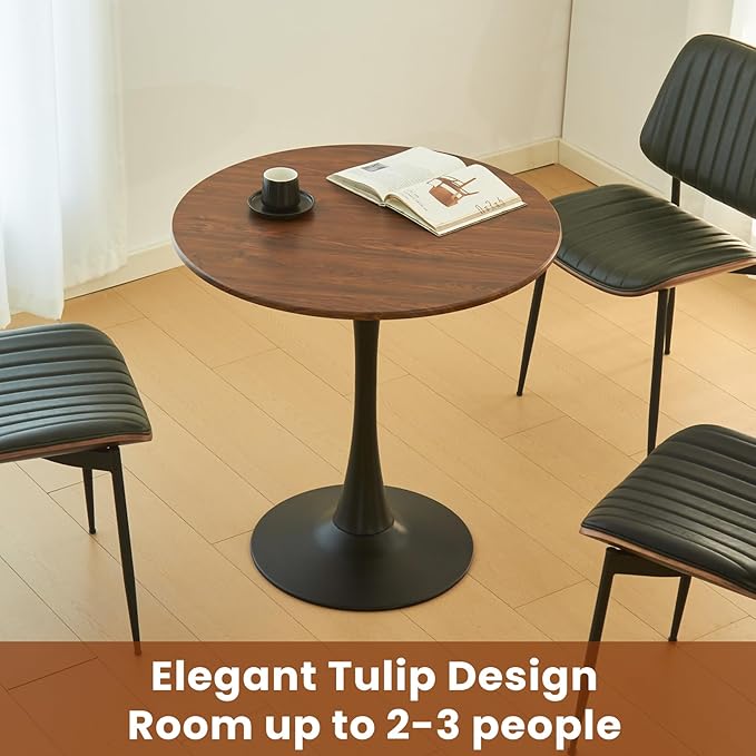 Round Dining Tulip Table for 2, Mid-Century Modern Table with Sturdy Metal Pedestal for Kitchen, Bistro, Cafe, Leisure (Faux Walnut, 24 INCH)