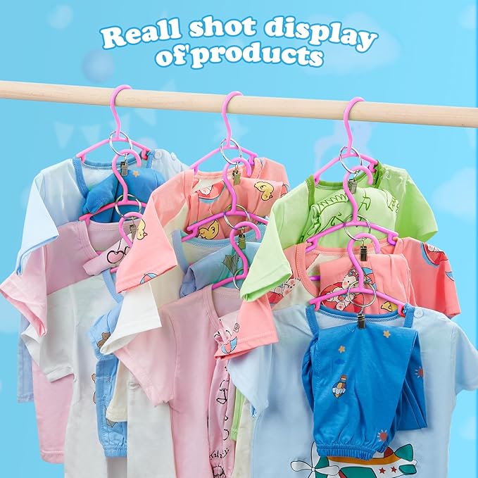 Baby Hangers with Metal Ring Clips, Children Plastic Hanger for Kids Pants Clothes Closet, 20 Pack, Rose red