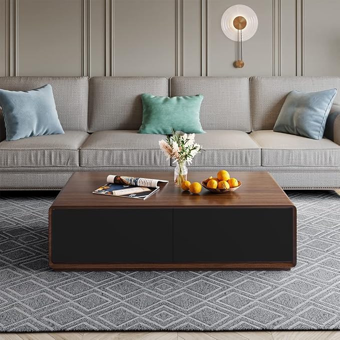 POVISON Modern Coffee Table for Living Room, 51 inch Square Coffee Table with Storage, 4-Drawers Wood Table, Full-Assembled, Walnut and Black