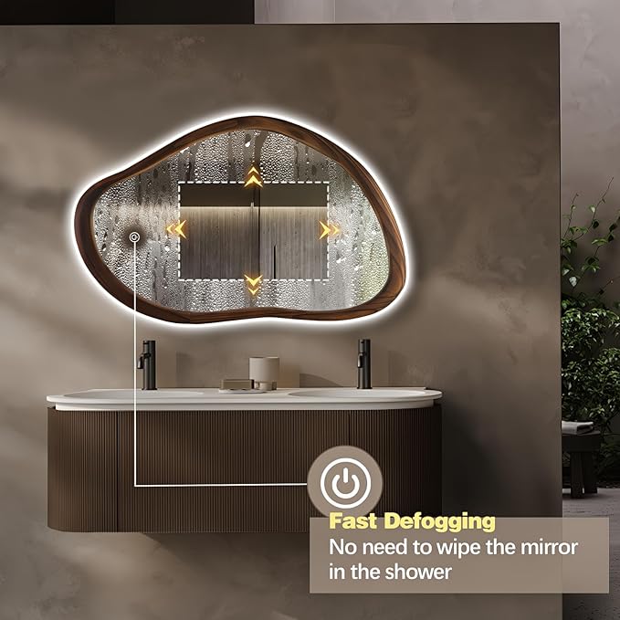 Wood Framed Led Mirror for Bathroom, 35"x24" Irregular Vanity Mirror with Lights, Anti-Fog Backlit Mirror with 3 Colors Dimmable, Memory Function, CRI95+, Horizontal/Vertical, Walnut