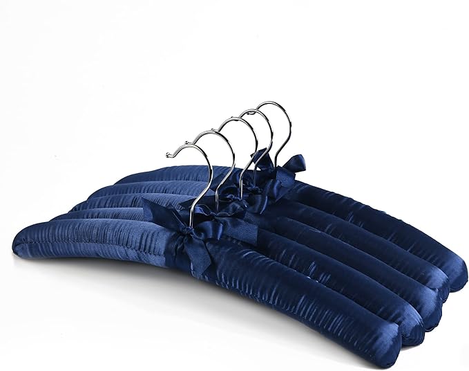 Blue Satin Padded Sweater Hangers 5 Pack, Blouse Hanger with Thick & Soft Foam for Bridal Wedding Dress Lingerie, Smooth Silk Covered Shirt Hanger Without Shoulder Bump