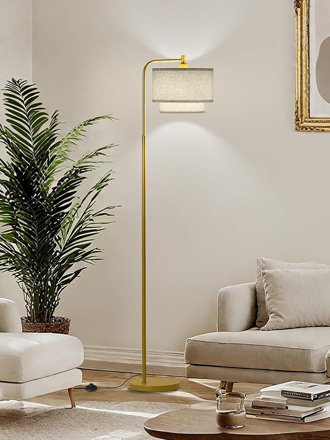 64" Modern Floor Lamp for Living Room Bedroom, Arc Floor Lamp with 3 Color Temperatures, Standing Lamp with Double Oatmeal Linen Lampshade, Tall Lamp with A19 12W LED Bulb, Foot Switch Control, Gold