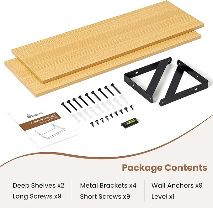 Axeman 24 Inch Floating Shelves | 8 Inch Deep Oak Wall Shelves Set of 2 | 24W x 8D Rustic Wood Shelves for Bookshelf Living Room Bedroom Home Office Bathroom