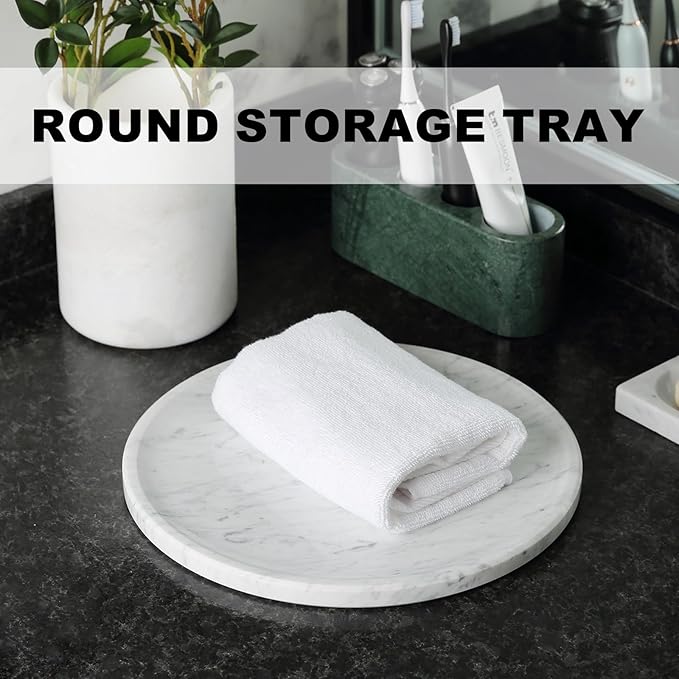 Natural Marble Serving Tray, 11.8in Round, Carrara Marble, Bathroom/Kitchen/Coffee Table Tray for Counter, Decorative Vanity for Catchall, Fruit and Snack