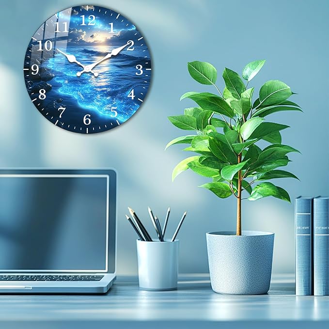 Beach Wall Clock 12 inch Battery Operated Modern Blue Wall-Clock Sea Star Pattern Clocks Analog Wooden Clock Non Ticking for Bedroom, Office Decor