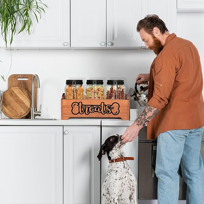 Dog Treat Container Dog Food Container for Dog Food Storage, Farmhouse Cat Food Container Pet Food Storage Organizer, Wood Dog Treat Holder with 3 Plastic Cat Dog Treat Jars, Brown Cat Treat Container