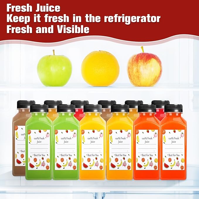 12pcs 12oz Plastic Juice Bottles, Reusable Juice Containers with Black Tamper Proof Lids, Brush, Funnel and Labels, Clear Juice Containers for Juicing, Smoothie and Homemade Beverages