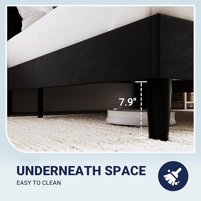 Allewie Queen Size Platform Bed Frame with Charging Station & Storage Headboard, Upholstered Velvet Wingback Design & USB Port, Strong Wooden Slats Support, No Box Spring Needed, Easy Assembly, Black