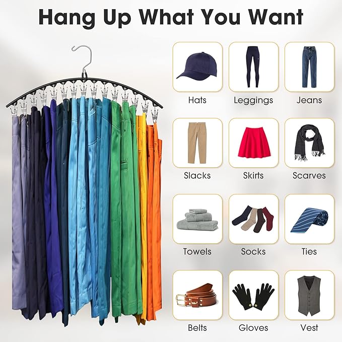 Upgrade Skirt Pants Hangers with Clips, Metal Legging Organizer for Closet with 15 Cilps Holds 60 Leggings/Shorts/Jeans/Skirts Pants Hangers Space Saving Closet Organizers and Storage, Black 4Pack