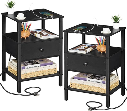 Lerliuo Nightstand Set of 2 with Charging Station and USB Ports, 3-Tier Storage End Table with Drawer Shelf, Night Stand for Small Spaces, Wood Bedside Table for Living Room, Bedroom - Classic Black