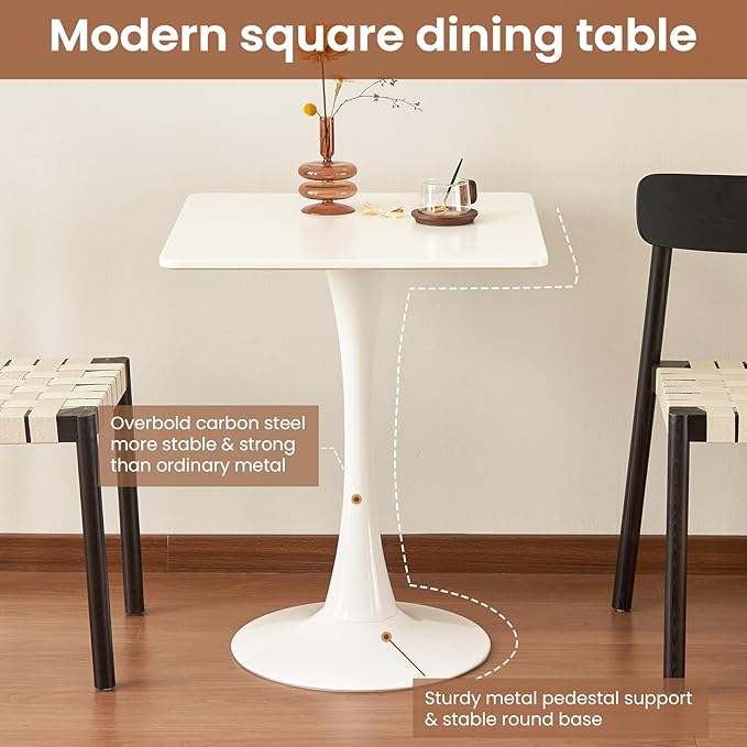 Square Dining Tulip Table for 2, Mid-Century Modern Table with Sturdy Metal Pedestal for Kitchen, Bistro, Cafe, Leisure (White, 24 INCH)