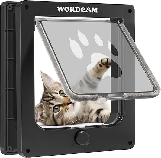 Wordcam Medium Cat Door Flap, 4 Way Locking Cat Door for Interior Exterior Doors, Pet Door for Cats Kitty Kittens Doggies, Robust, Weather-Resistant (Black, M)