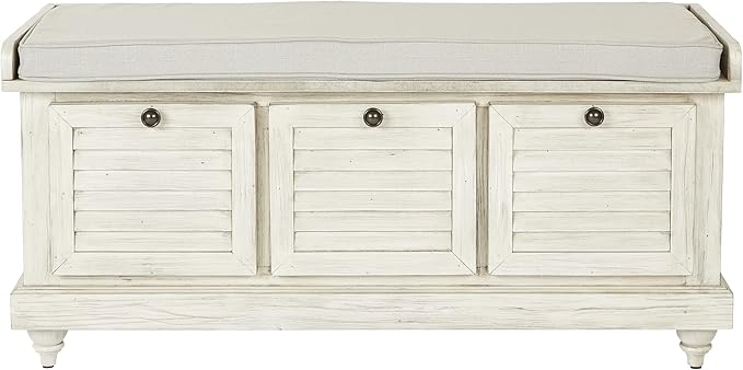 OSP Home Furnishings Dover Coastal Lift-Top Storage Bench with Shutter Face Styling, White Wash Finish with Off-White Fabric Cushion