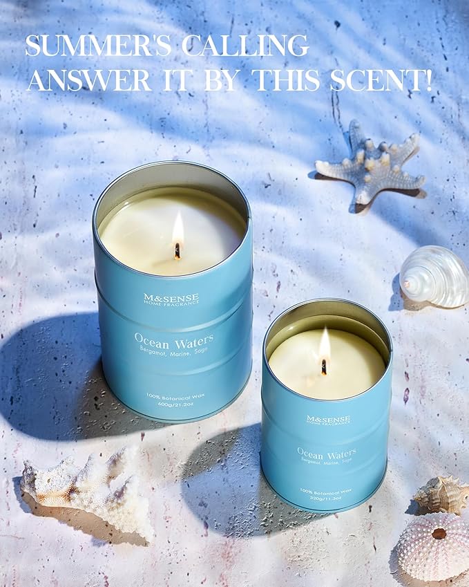 M&SENSE Ocean Waters Scented Candles Summer Soy Candle,Beach Candle for Stress Relief Meditation Relaxing, Housewarming Gifts for Women Men, 11.3oz 70 Hour Long Burning