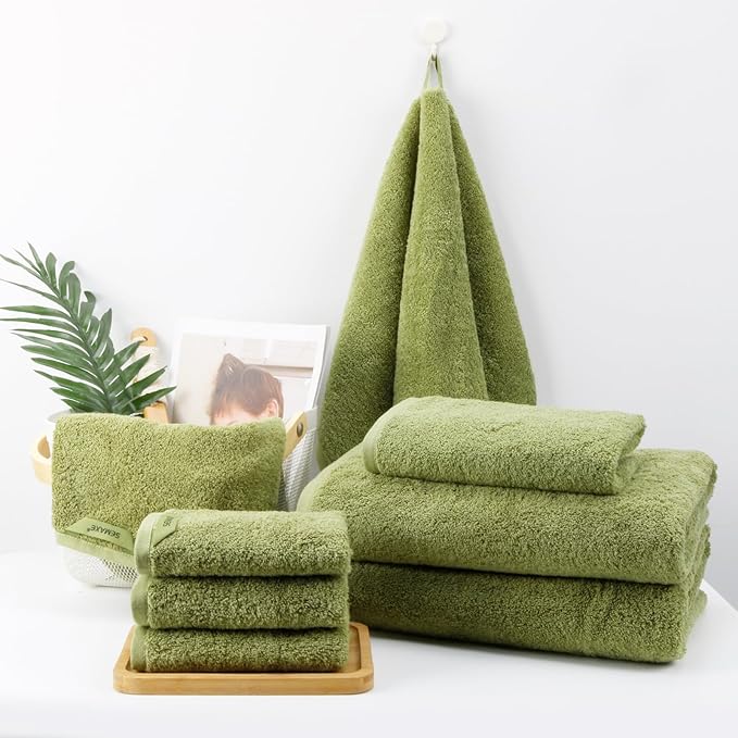 SEMAXE 18-Pack Bath Towel Set Include 6 Bath Towels, 6 Hand Towels, 6 Wash Cloths, 100% Cotton Bathroom Towels with Hanging Loops and Nano-Bio Lifecycle Labels, Soft and Absorbent Towel, Green