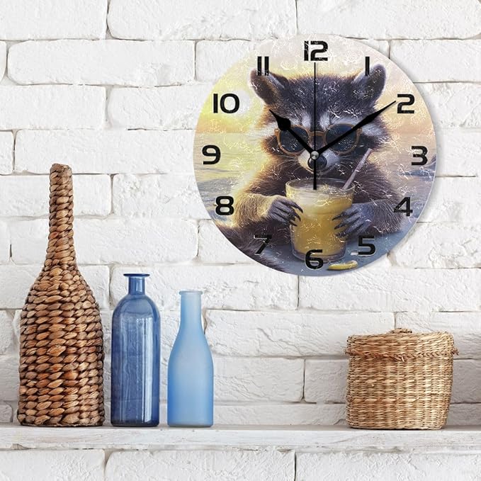 Bolaz Wall Clocks Decorative Bedroom Silent Living Room Desktop Raccoon Sunrise Tabletop Shelf Clocks Round Battery Operated 10 Inch Non-Ticking