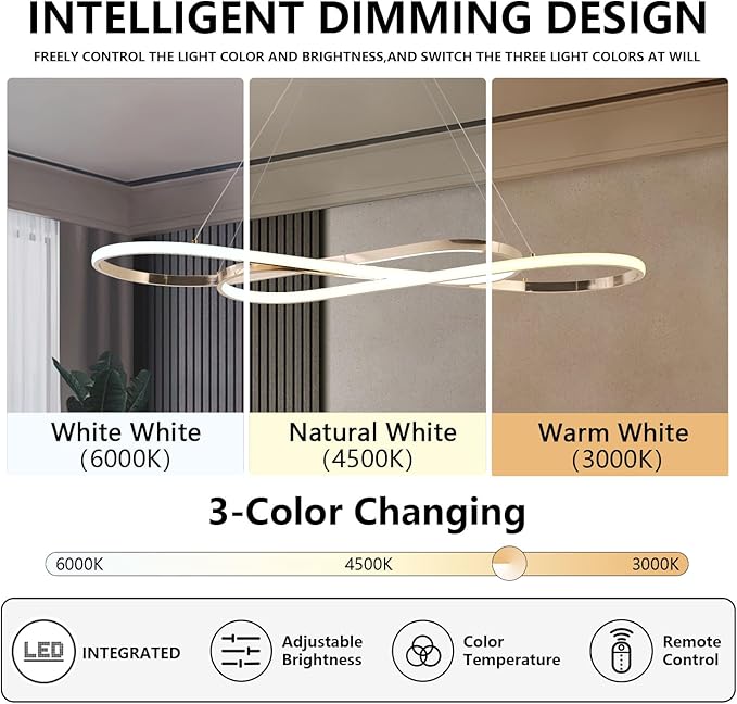 Modern Led Pendant Light for Kitchen Island Lighting Modern Gold Chandelier for Dining Room Light Fixture Over Table,Led Chandelier Light Fixture Height Adjusted (Electroplated Gold)
