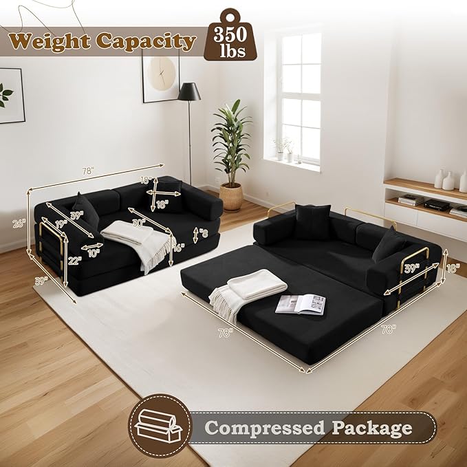 Antetek Convertible Futon Sofa Bed, 3-Seater Modern Corduroy Foam Floor King Size Bed Fold Out Sleeper Lounge Loveseat Sofa Couch with 2 Throw Pillows for Living Room Bedroom Guest Room, Black