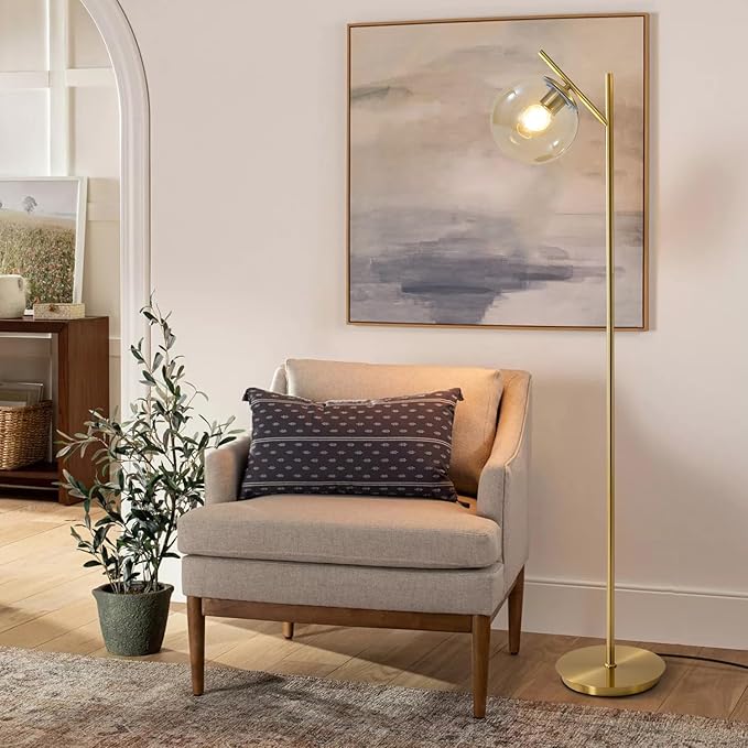 Mid Century Modern Floor Lamp for Living Room Retro Vintage Brass Standing Light Industrial Cognac Glass Globe Floor Freestanding Lamp for Office Hotel Bedroom