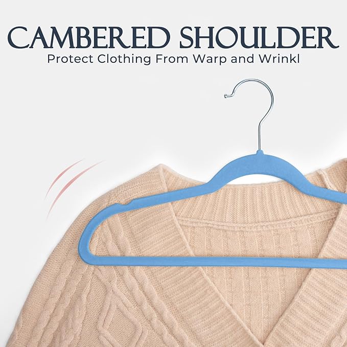 HOUSE DAY Tranquil Blue Velvet Hangers 60 Pack, Non Slip Clothes Felt Hanger Heavy Duty for Coat, Premium Slim Space Saving Suit Hangers for Closet Organizer, 360° Rotating Silver Hook