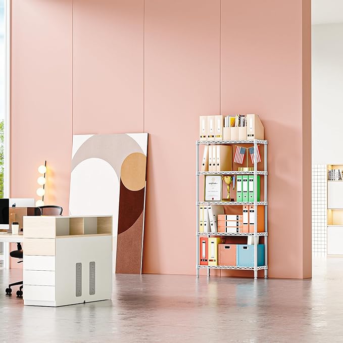 IZEUK 5 Tier White Metal Storage Shelves, Heavy Duty Wire Shelving Rack for Garage, Kitchen, Bathroom, Laundry, or Closet Organization, 1250 lbs Capacity, 11.8" D x 29.5" W x 59.5" H