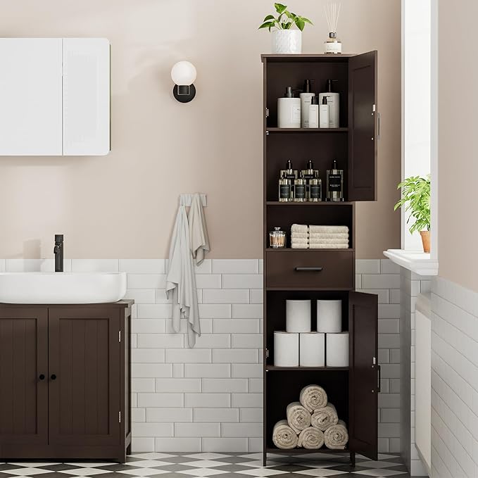 Homhedy 67" H Tall Bathroom Storage Cabinet with 2 Barn Doors and 1 Drawer, Narrow Storage Unit, Adjustable Shelves, Floor Cabinet for Bathroom, Living Room, Entryway, Kitchen, Brown, (15.7" W)