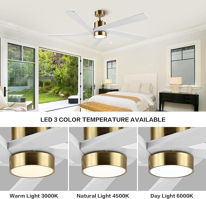 WINGBO 64 Inch DC Ceiling Fan with Lights and Remote Control, 5 Reversible Carved Wood Blades, 6-Speed Noiseless DC Motor, Modern Ceiling Fan in Brass Finish with White Blades, ETL Listed