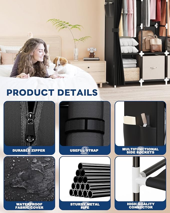 Mavivegue Clothes Organizer with 4 Hanging Rods, Portable Closet Wardrobe, Non-Woven Fabric Cover, Large Capacity Storage for Bedroom and Living Room,Black, 67" W x 17" D x 67" H