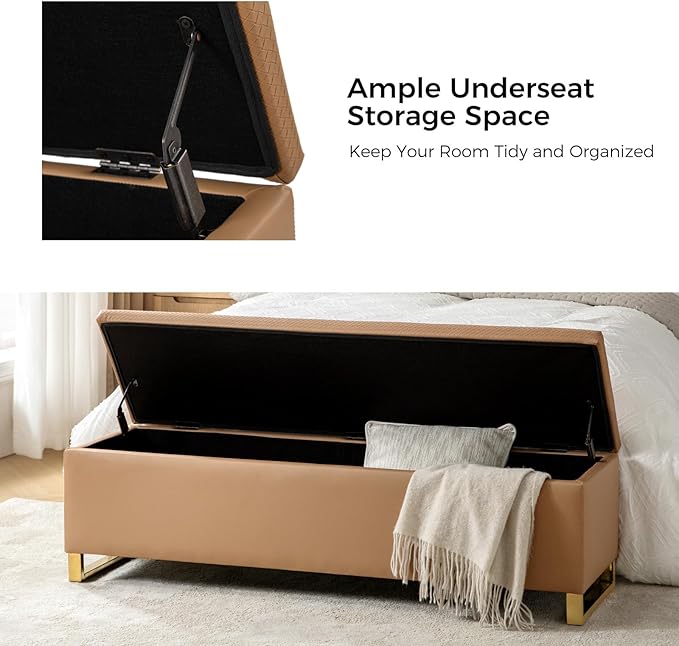 EcoHarbor Living Storage Ottoman Bench with Throw Ottomans, Modern End of Bed Bench, Upholstered Footrest Stool with Gold Legs for Living, Bedroom, Entryway and Hallway(Camel 60inch)