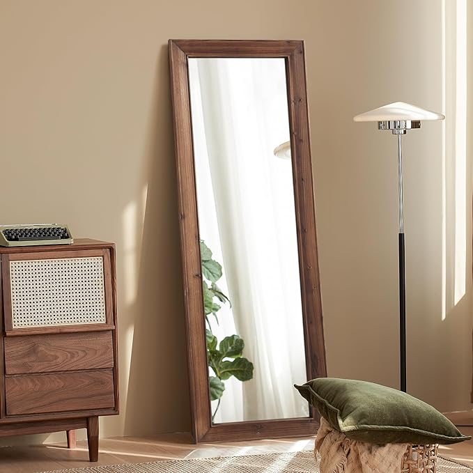 Farmhouse Standing Mirror Full Length, 64"X21" Rustic Wood Frame Floor Mirror with Stand, Full Body Mirror for Bedroom Living Room Entryway, Hanging or Leaning Wall-Mounted, Tempered Glass, Brown