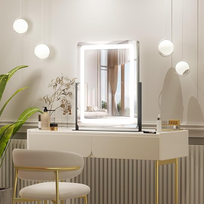 PRIMETEK Vanity Mirror with Lights, 19"x22" Large Makeup Mirror with Lights, LED Lighted Makeup Mirror, Touch Screen with 3-Color Lighting, Dimmable for Vanity Desk Tabletop, Bedroom, Black