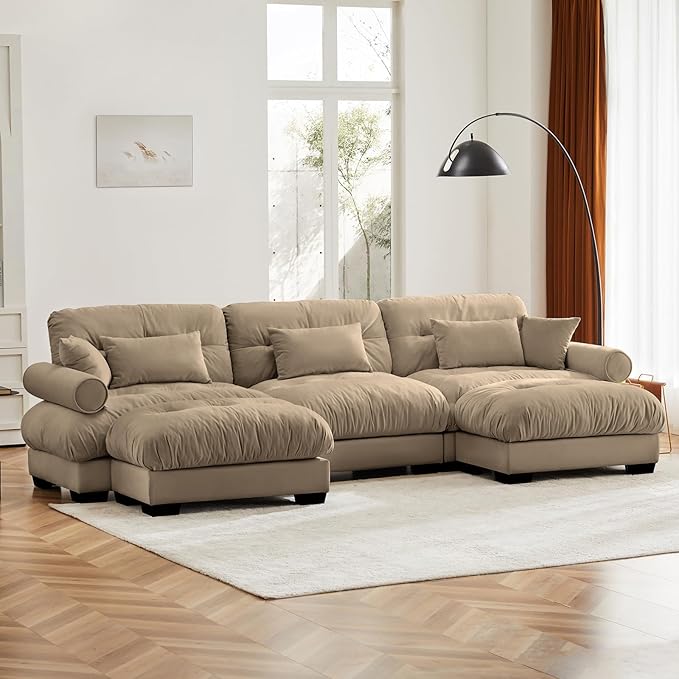 130" Oversized Couch, 3 Seater Modular Sectional Sofa, Camel Large U Shaped Sectional Couches for Living Room, Fluffy Couch Set, 3 Seater, Velvet Cloud Couch with Ottoman, Sofas for Living Room