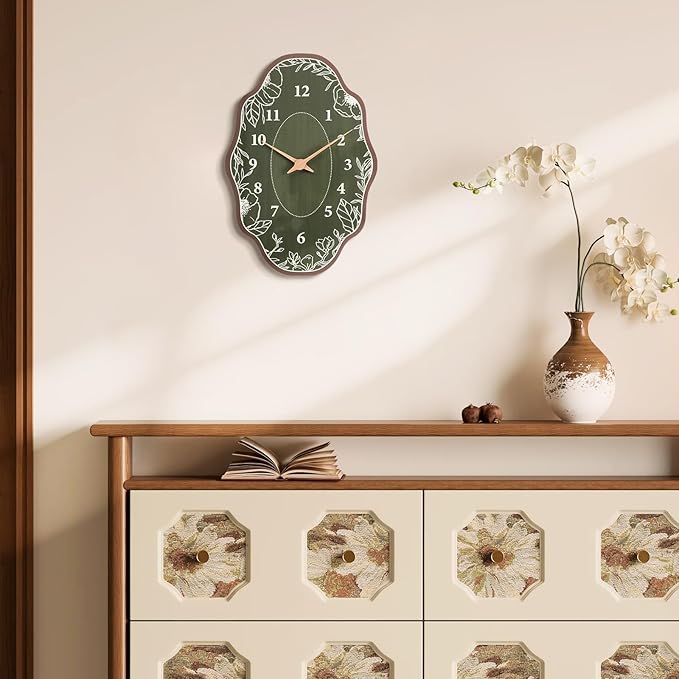 Mid Century Wall Clock Retro Irregular Shape Modern Battery Operated Analog Wall Clock Neutral Large Display Green Silent Clocks for Kitchen Living Room Bedroom Decor 12 Inch