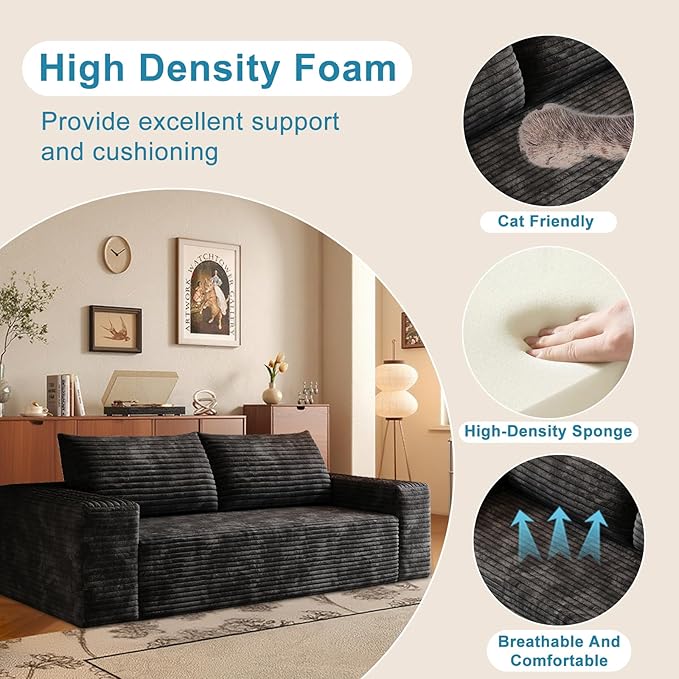 Saiveina 63" Corduroy Loveseat Sofa, Deep Seat Comfy Couch with Backrest and Armrests, No Assembly Required, 2 Seater Couch for Living Room Bedroom Apartment, Black