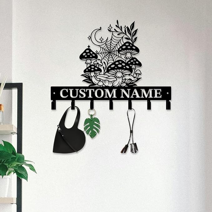 Customized Keys Holder - Personalized Mushroom Wonderland Key Hooks Wall Metal Sign Decor,Wall Holder,Door Hook (Style F)