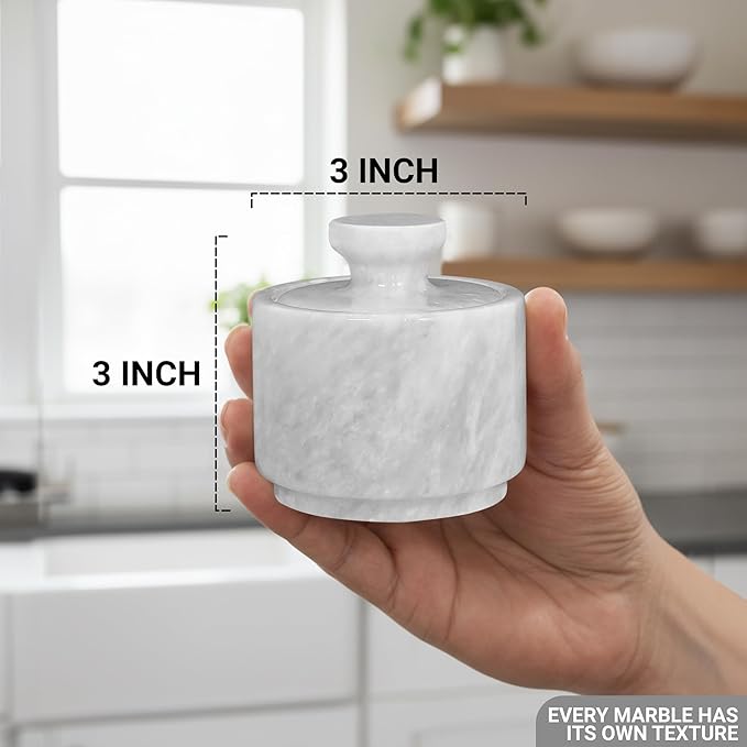 Natural Marble Salt Cellar With Lid - Stone Salt Container And Stone Salt Holder, Spice Jars For Counter, Candy Jar & Spice Jar, White