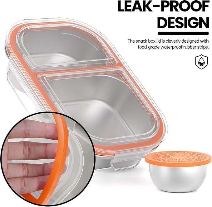 Snackle Box Container,Dishwasher,Reusable Snack Containers With Lids,2 Compartment Stainless Steel Snack Containers,Fruits, Snacks,Nuts,Salad,travel,800ML,White&Orange,2 Pack
