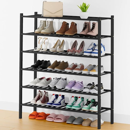 Smiry Shoe Rack, 6 Tier Thick Long Bamboo Shoe Organizer, Stackable Free Standing Wooden Shoe Storage Shelf for Closet, Entryway, Front Door Entrance, Black