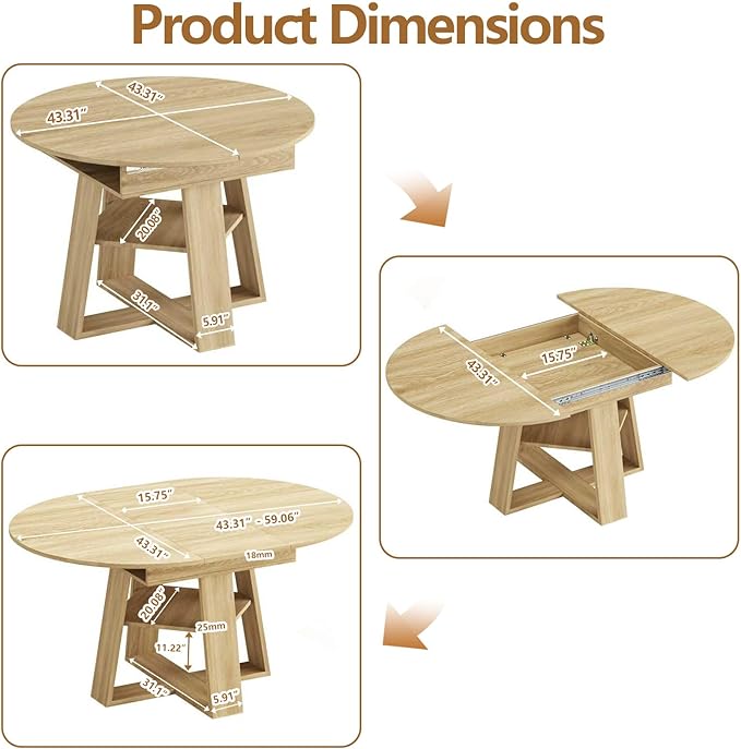 Round Dining Table for 4-8 People, 43.3"-59" Oval Dining Table Space Saving, Expandable Kitchen Table with Smooth Glide Mechanism Modern Design & Wood Base for Small Space (Natural)