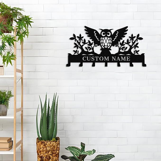 Personalized Owl Coat Rack Wall Hanging Key Holder,Custom Metal Name Key Hooks,Key Holder Wall Mount for Doorway,Bedroom,Kitchen,Housewarming Gift undefined undefined
