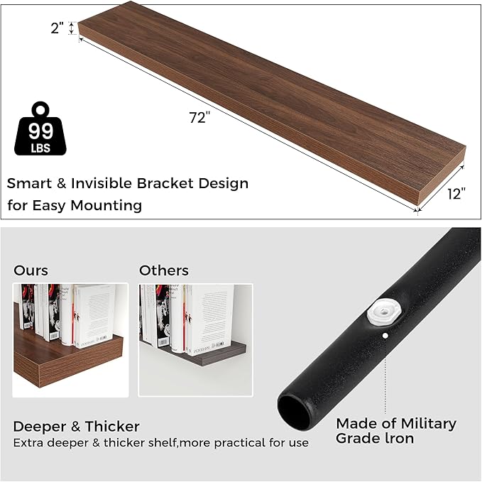 Floating Shelves for Wall, 72 Inch Wide x 12 Inch Deep Floating Shelves, Long Wood Floating Wall Shelf Shelves for Living Room Bathroom Bedroom Kitchen Home - (Walnut, 72" W x 12" D x 2" H)