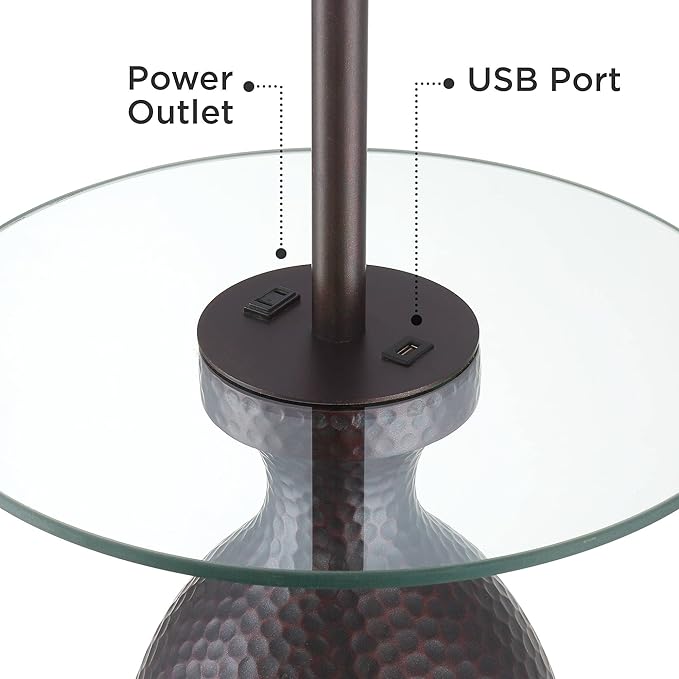 Regency Hill Fallon Industrial Rustic Farmhouse Floor Lamps with Tray Table USB and AC Power Outlet 66" Tall Set of 2 Oil Rubbed Bronze Oatmeal Drum Shade for Living Room Reading Bedroom