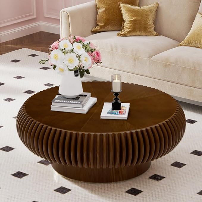 Brown Round Coffee Table for Living Room Round Fluted Drum Coffee Table Modern Walnut Fluted Coffee Tables for Living Room (Walnut, 31.4 inch)