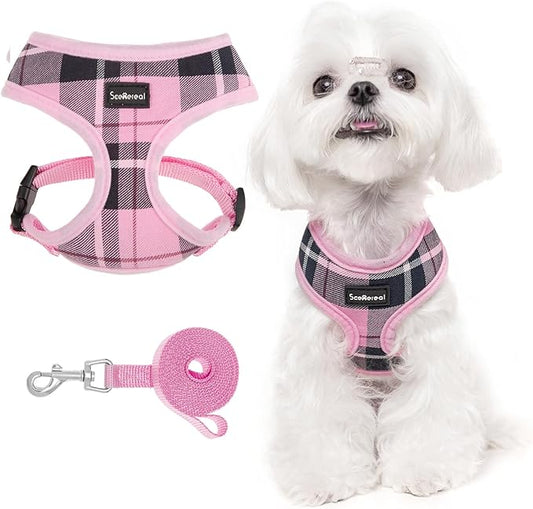 SCENEREAL Puppy Dog Harness with Leash Set for Small Medium Sized Dogs, Soft Mesh Step in Pet Harnesses and Leash, No Chock Plaid Adjustible No Pull Vest for Dogs Cats, Chihuahua,Bulldog (Pink S)