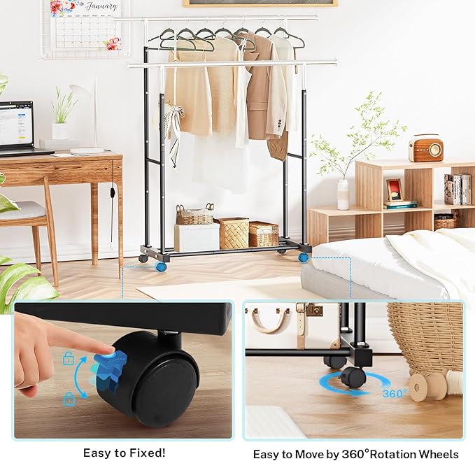 Double Clothing Rack, 130LB Capacity Heavy Duty Garment Rack with Wheels and Bottom Shelf, 55.51 Inch Long Rolling Clothes Racks for Hanging Clothes, Black