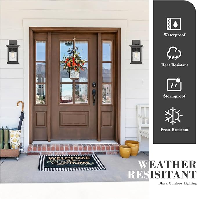 Emliviar Outdoor Wall Sconce, 1-Light Exterior Wall Lantern in Black Finish with Clear Seeded Glass, OS-1803EW1