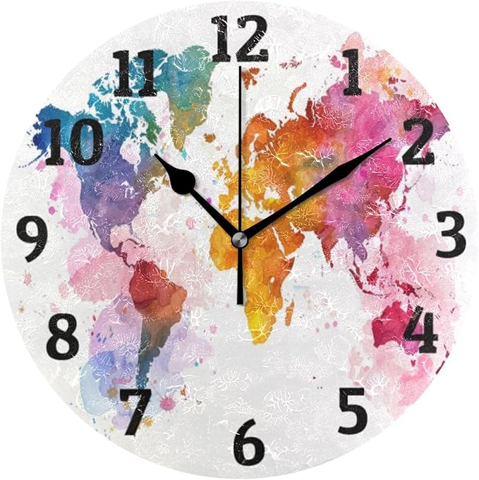Wall Clock Watercolor World Map Silent Non Ticking Wall Clock Decorative Battery Operated Wall Clocks for Home Kitchen Bedroom Living Room Office