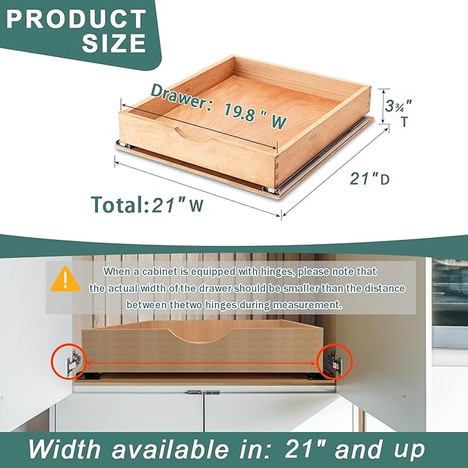 Fully Assembled Pull Out Cabinet Drawer, Wood Pull Out Cabinet Organizer, Soft Close Slide Out Pull Out Drawers for Kitchen Cabinets, Fast and Easy DIY Installation, 21”W x 21”D